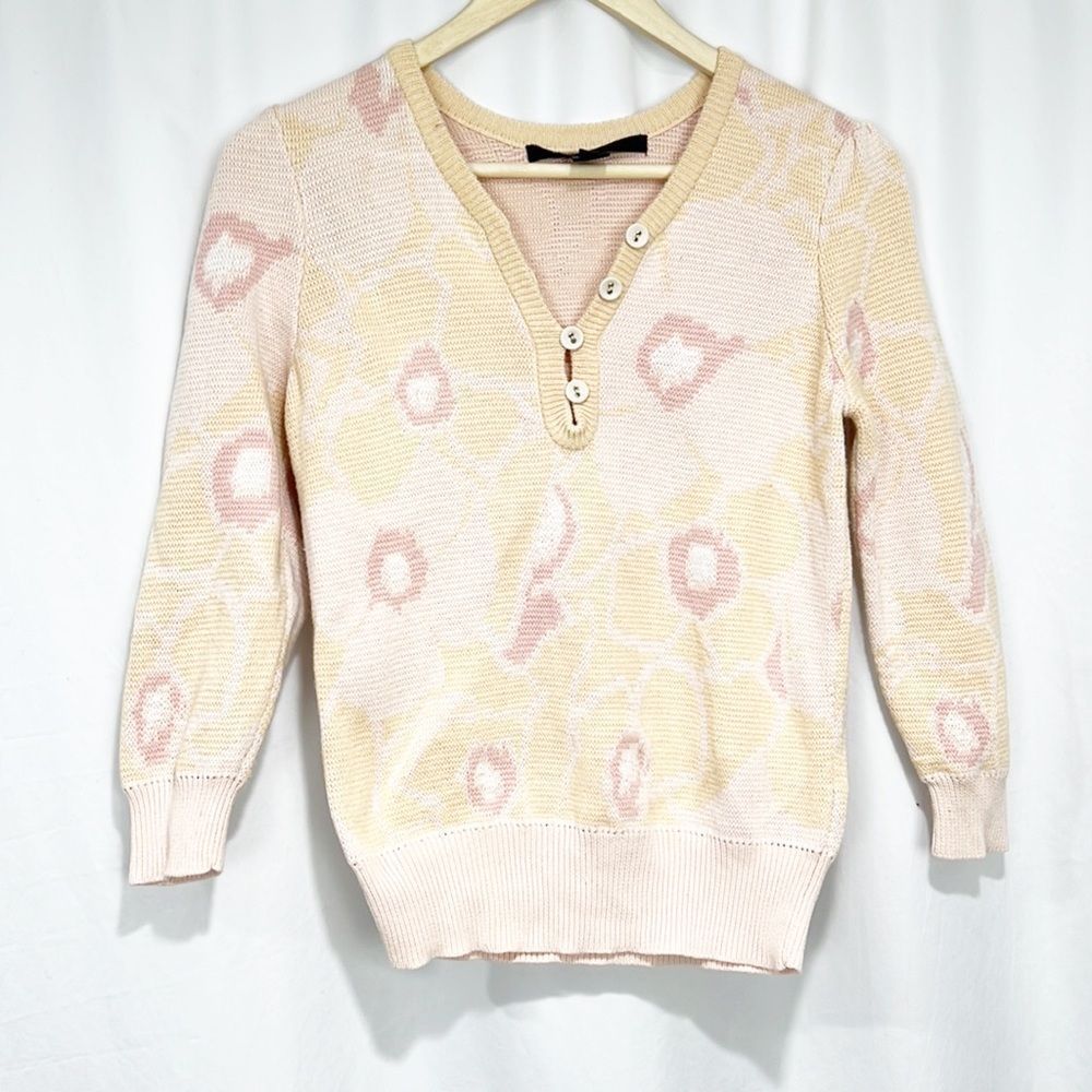 Marc Jacobs Cotton Pastel Pink and Cream Floral 3/4 Sleeve Sweater Large